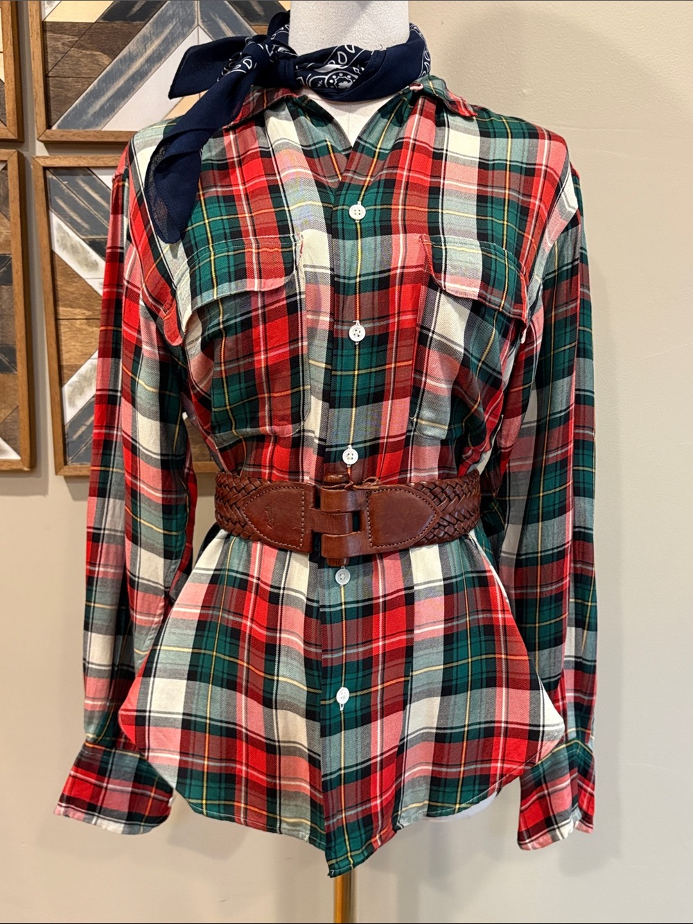 Vintage Ralph Lauren Blue Label 90s Plaid Button Down Top size 4